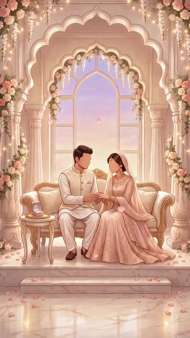 The Engagement stage: a couple on an ivory sofa, the ring on a little side table
