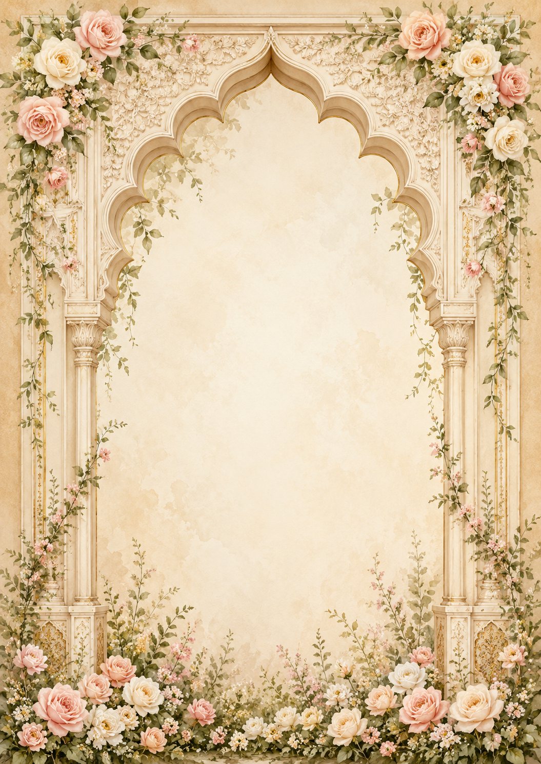 The Noor Nikkah cover: a carved garden arch framed in roses